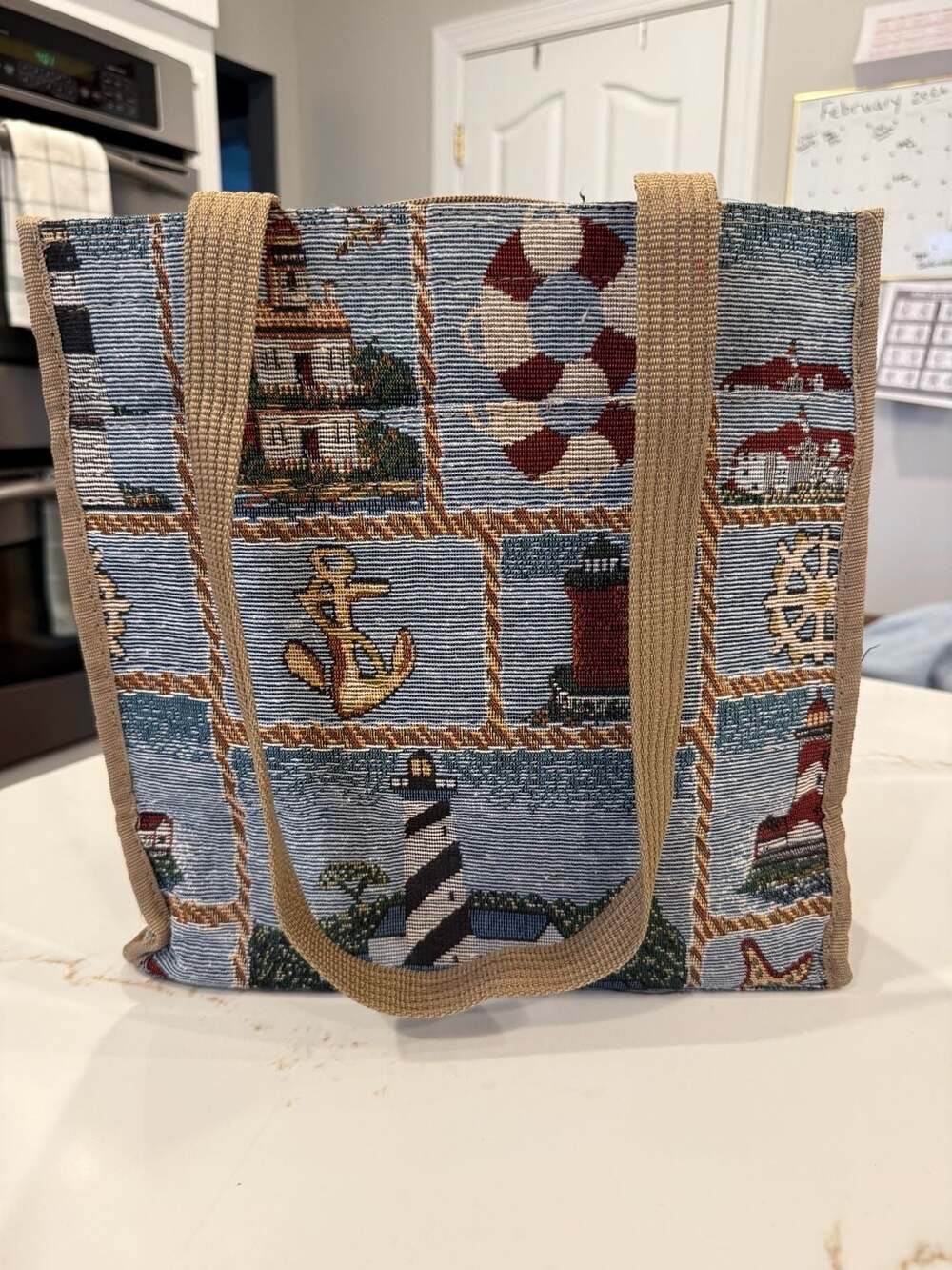 Jade Nautical Lighthouse Woven Tapestry Zippered Tote Bag with Change Purse